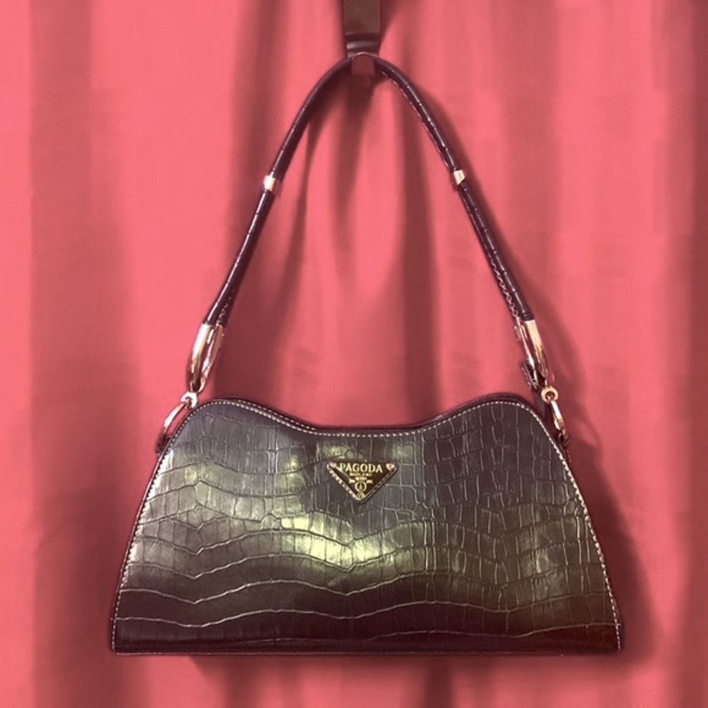 Pagoda Midland Black Croc Pattern Bag — Silver Metal Accents